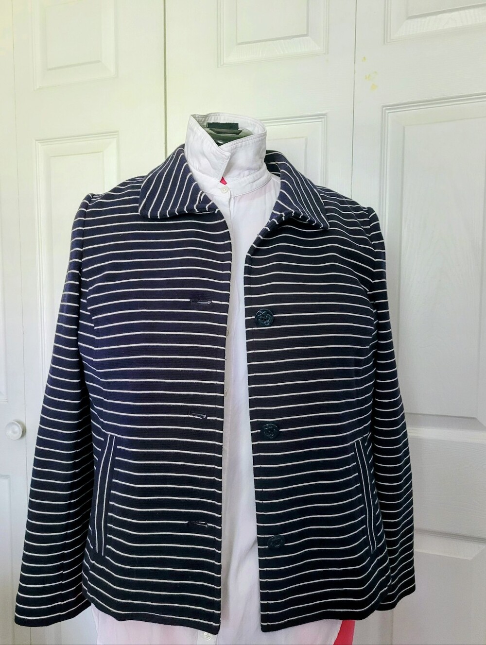 Talbots Navy and White Striped Cotton-Blend Jacket